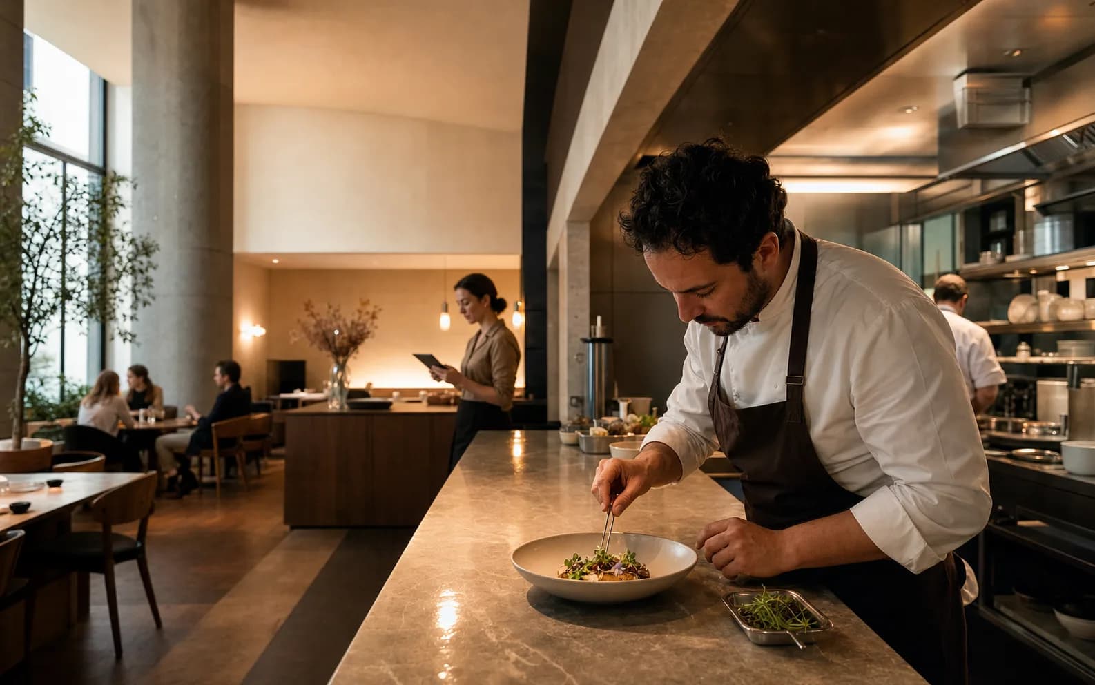 Chef plating a dish in a modern open restaurant kitchen